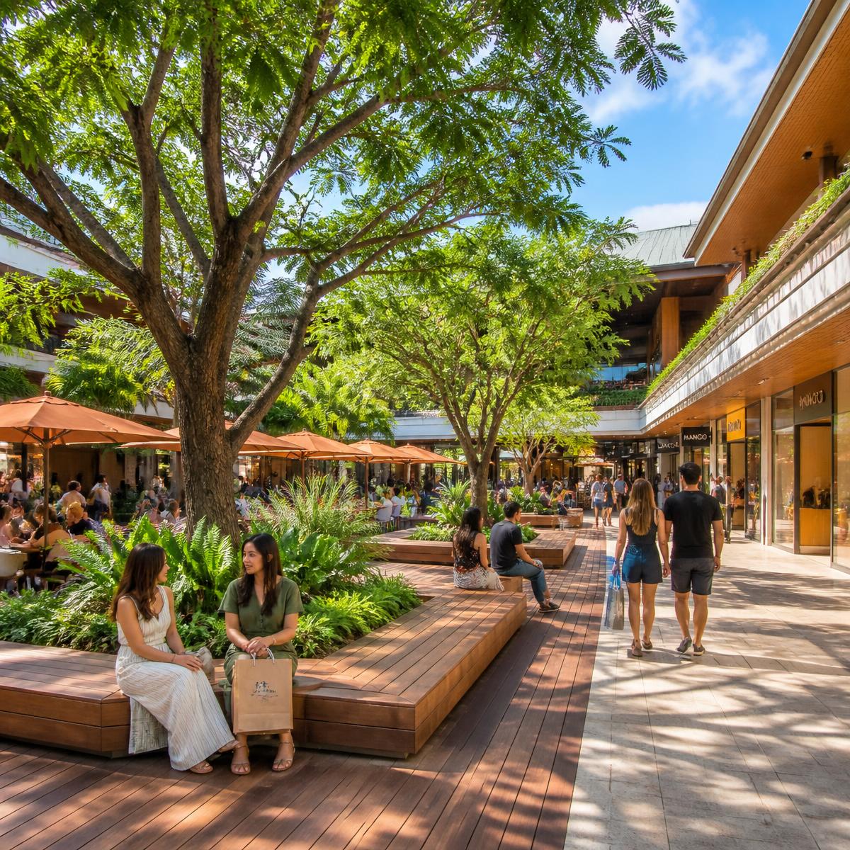 Praça arborizada do MULTI Open Shopping com deck de madeira e pessoas sentadas