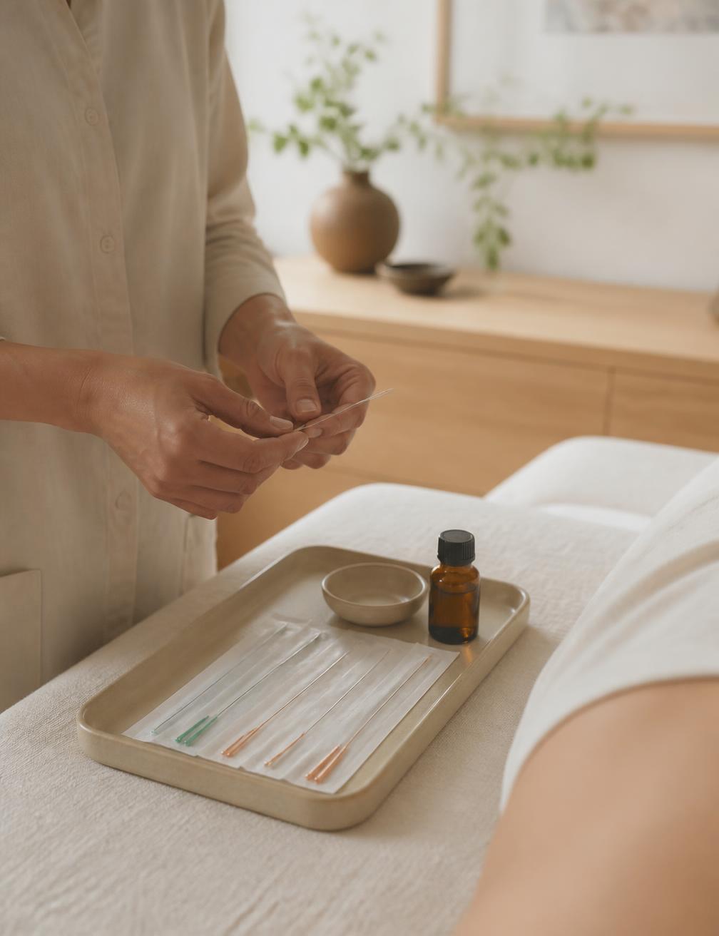 Detalhe de sessão de terapia integrativa com bandeja de agulhas de acupuntura