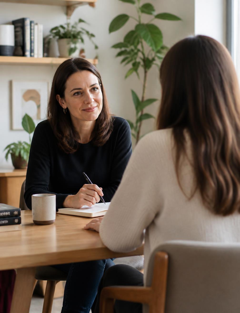Profissional de saúde em consulta, conversando com uma cliente em sala clara