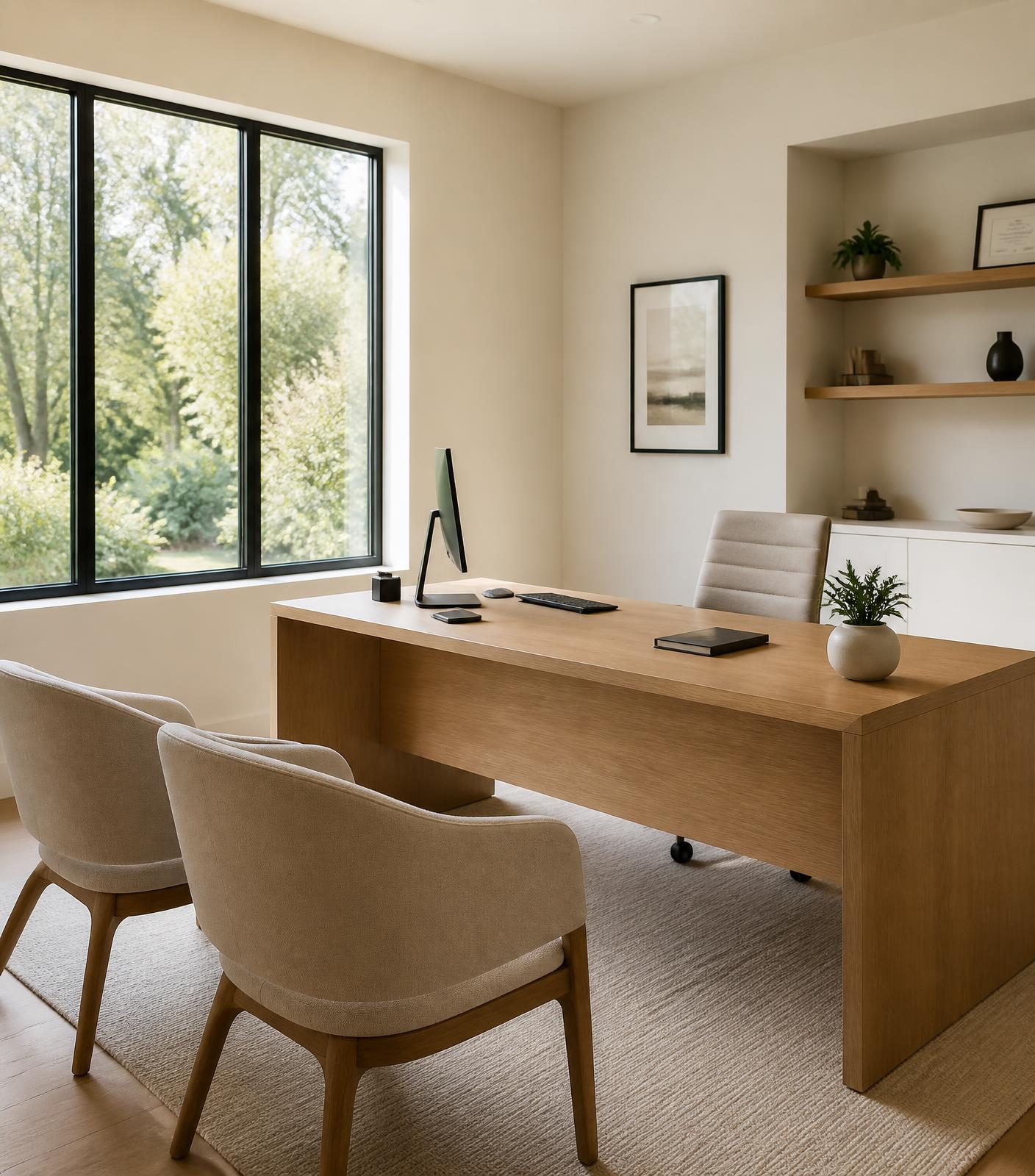 Ambiente da SELF: mesa de madeira clara, poltronas em linho e janela com vegetação